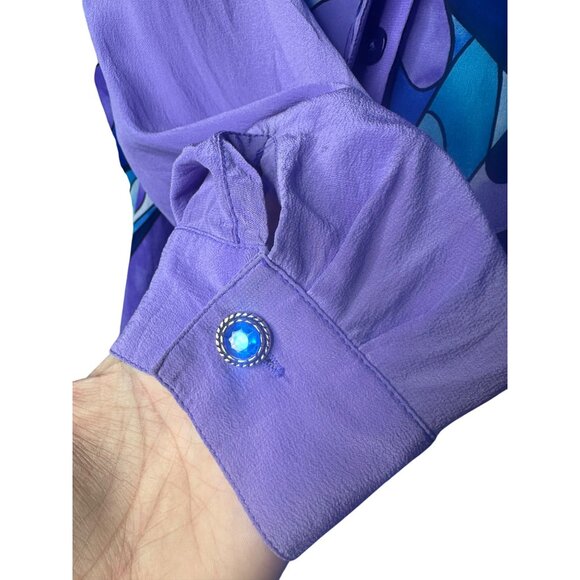 Diane Gilman Stained Glass Printed Silk Blouse With Blue Gem Details Long Sleeve - Picture 12 of 12